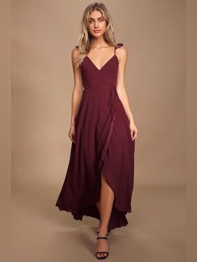 Lulus Here's To Us Burgundy High-low Wrap Dress Red - Size L